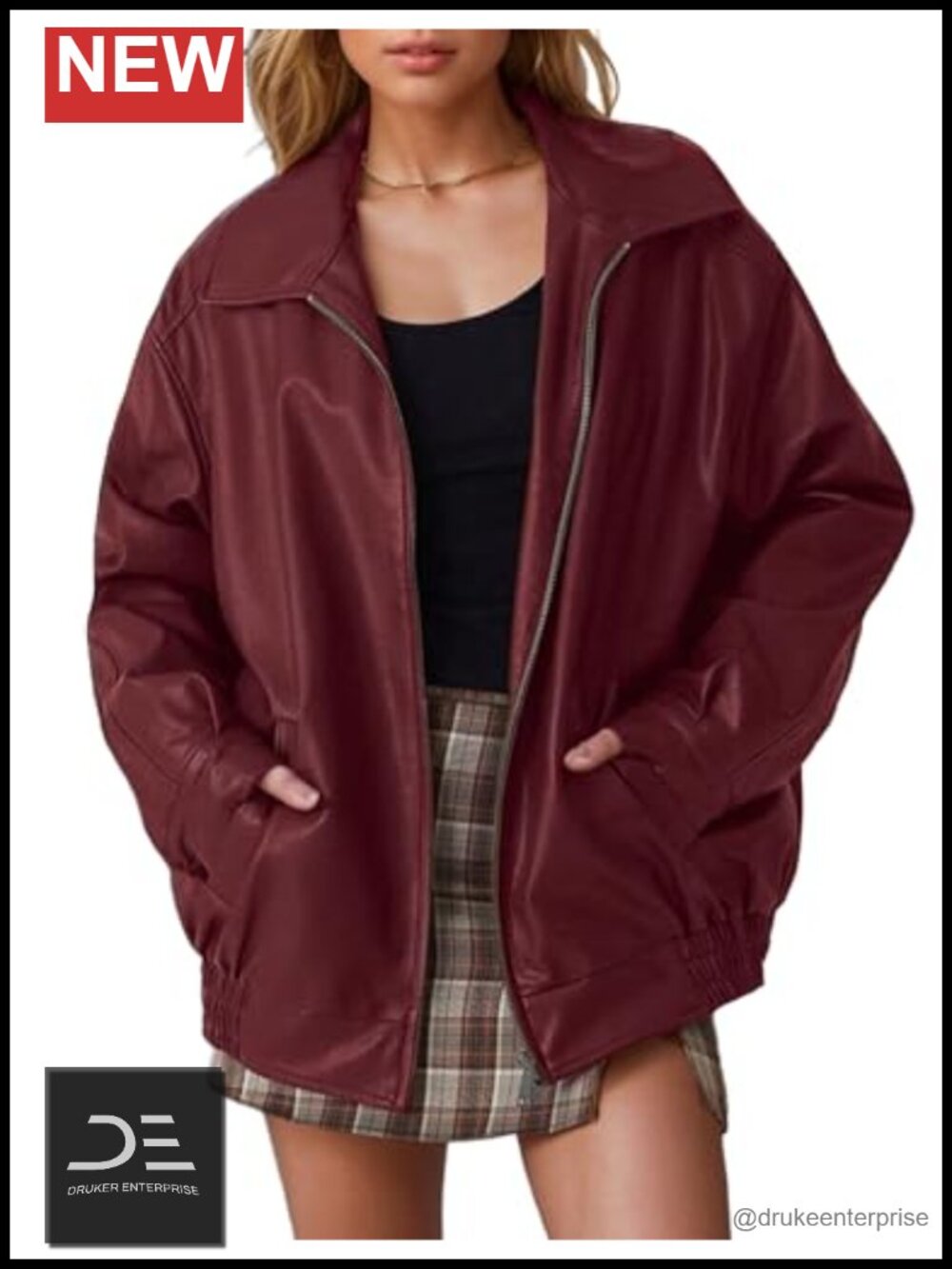 Oversized Faux Leather Motorcycle Bomber Jacket with Pockets Fall Winter